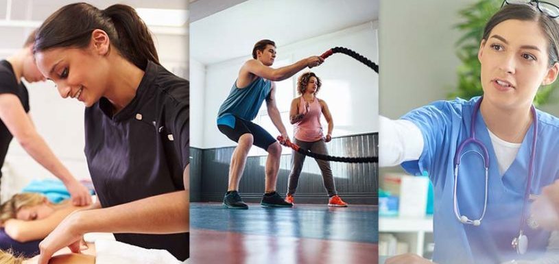 A triptych image of a massage therapist, personal trainer, and medical assistant. For complete wellness career education come to WellSpring.