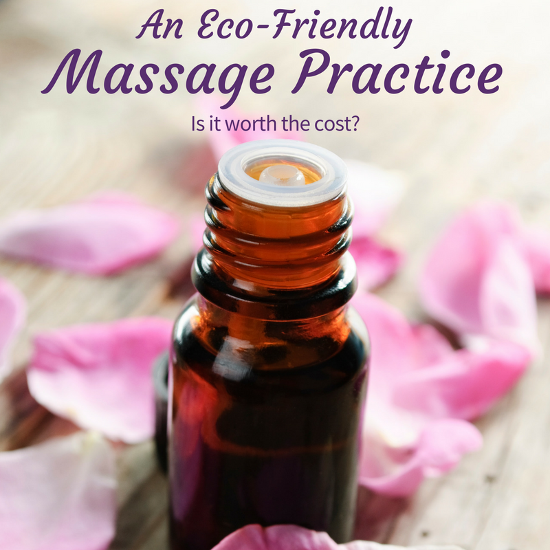 Close-up of an essential oil bottle, surrounded by pink petals. The text on the image says An eco-friendly massage practice - is it worth the cost?