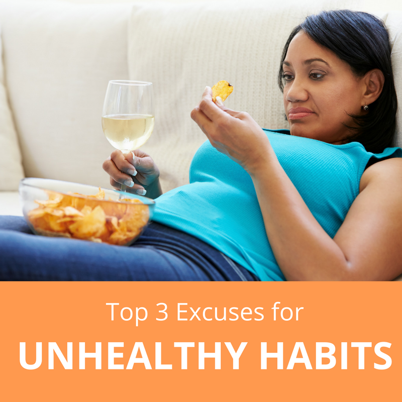 A woman, comfy on a couch with a bowl of potato chips and a glass of wine. The text on the image says Top 3 Excuses for Unhealthy Habits.