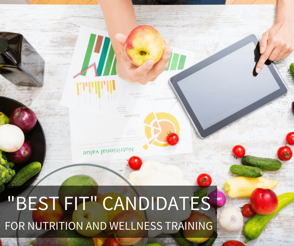 A shot from above a table. On the table someone is holding an apple, using a tablet and looking at nutritional value research. There are many types of fruits and vegetables on the table and in bowls. The text on the image says Best fit candidates for nutrition and wellness training.