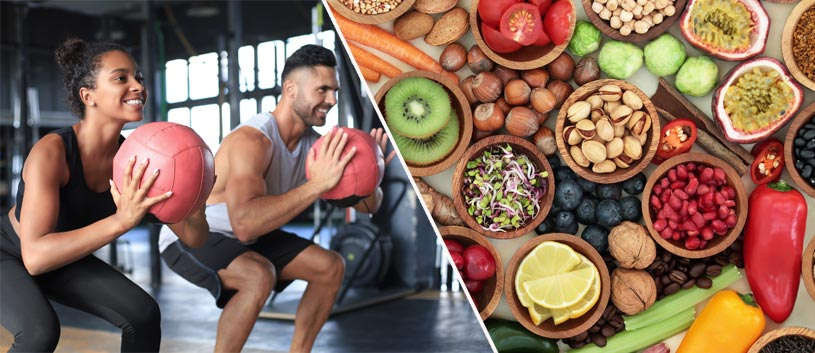 A side-by-side photo of a couple working out together and an assortment of healthy foods laid out on a table.