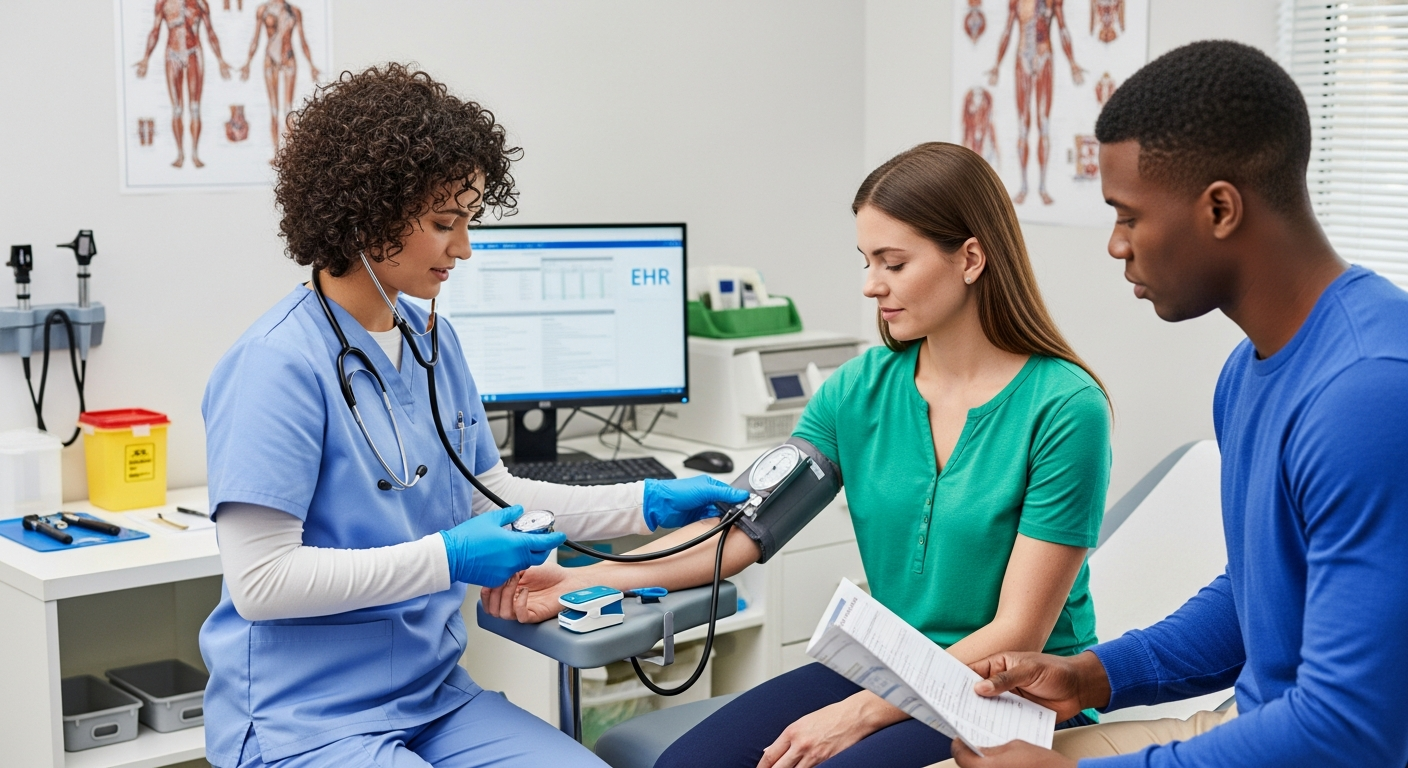 Medical assistant taking blood pressure on a woman in a medical office with a man reading paperwork